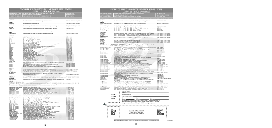 Bionaire BMD100 instruction manual Sello, Stamp, Selo, Timbre, Seal, Carimbo, Centros De Serviço Autorizados 