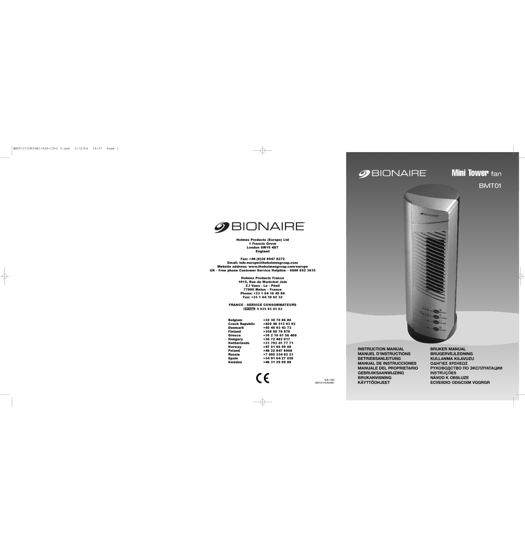 Bionaire BMT01 instruction manual Mini Tower fan, France Service Consommateurs 