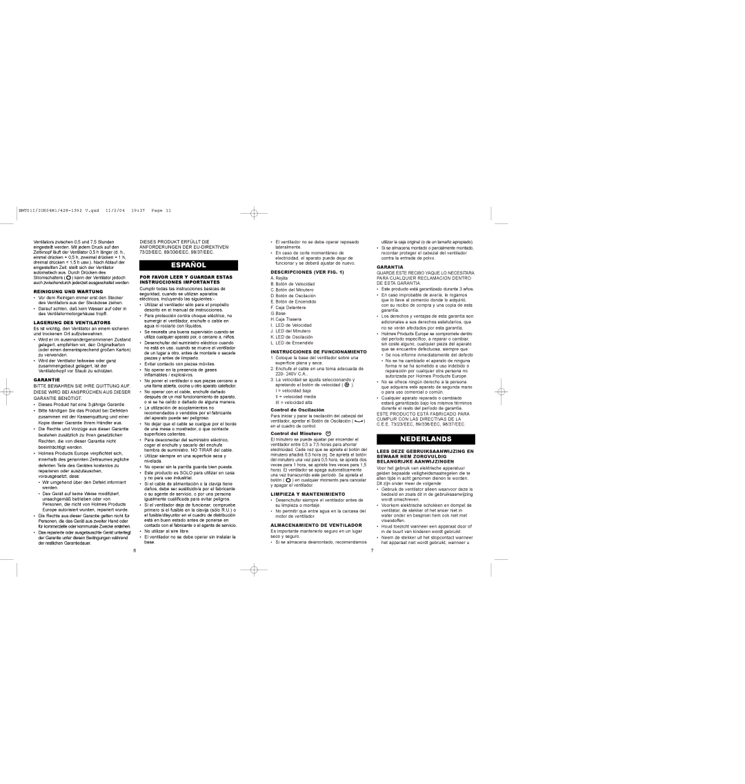 Bionaire BMT01 instruction manual Español, Nederlands 