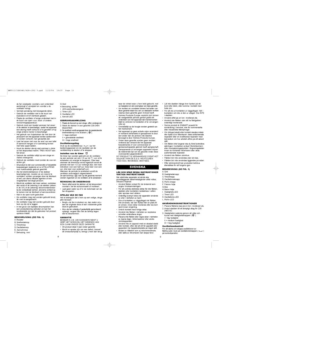 Bionaire BMT01 instruction manual Svenska 