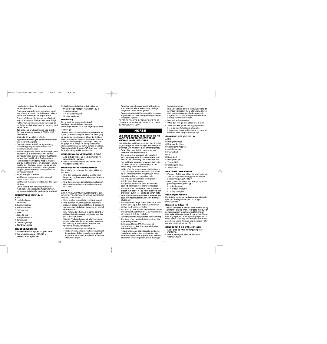 Bionaire BMT01 instruction manual Norsk 