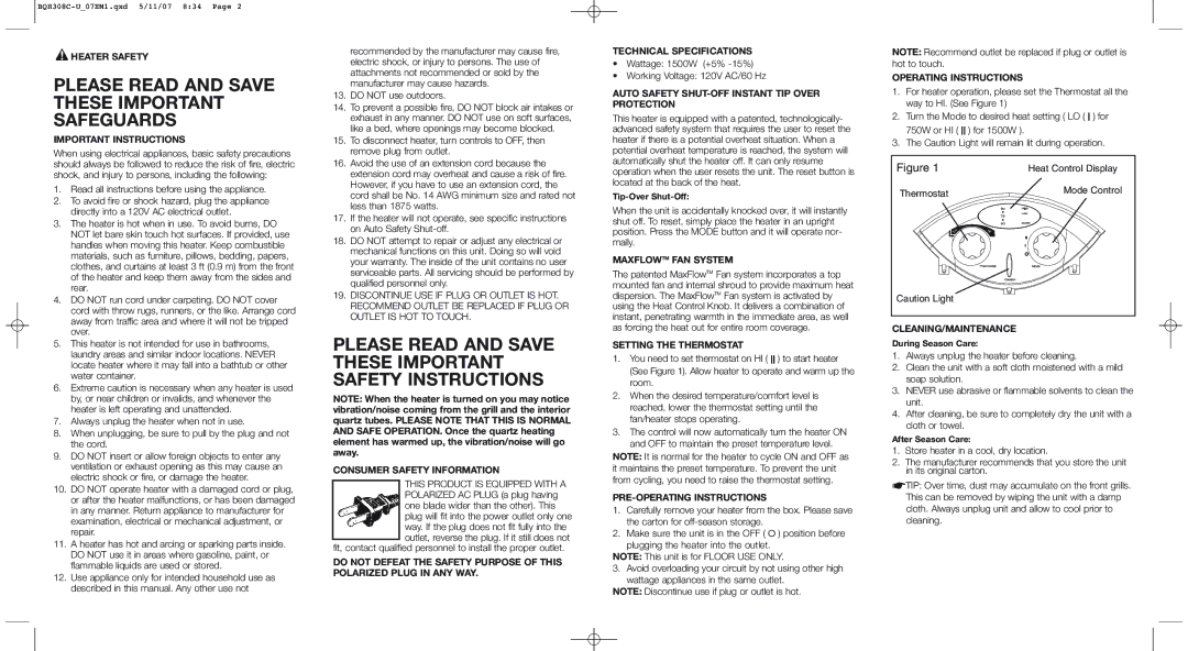 Bionaire BQH308C-U warranty Please Read and Save These Important Safeguards 