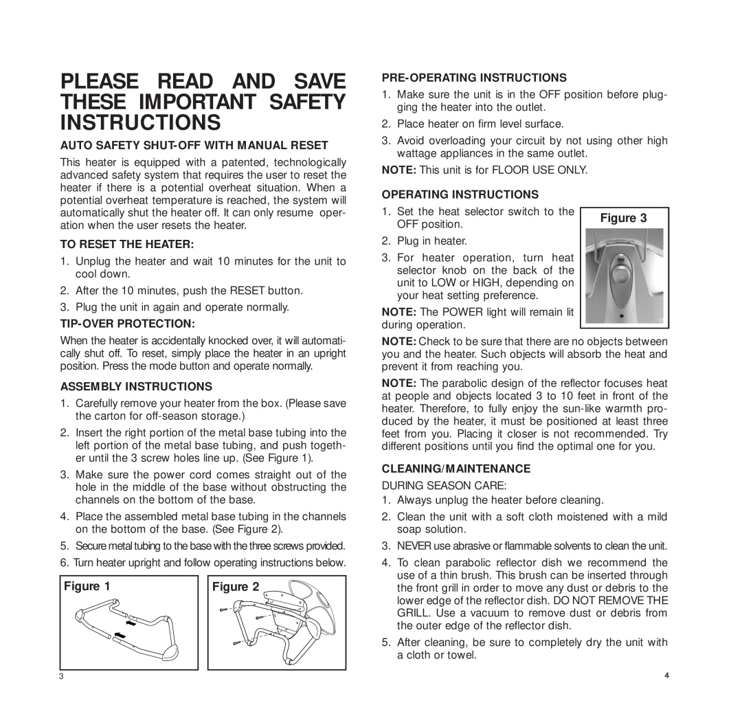 Bionaire BRH840 Auto Safety Shut-Offwith Manual Reset, To Reset The Heater, Tip-Overprotection, Assembly Instructions 