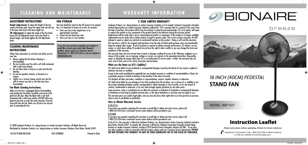 Bionaire BSF152T08EM1 warranty Adjustment Instructions, Year Limited Warranty, CLEANING/MAINTENANCE Instructions 