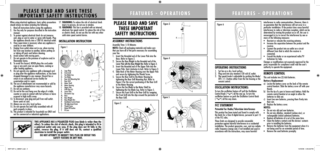 Bionaire BSF152T warranty Installation Instruction, Assembly Instructions, Operating Instructions, Oscillation Instructions 