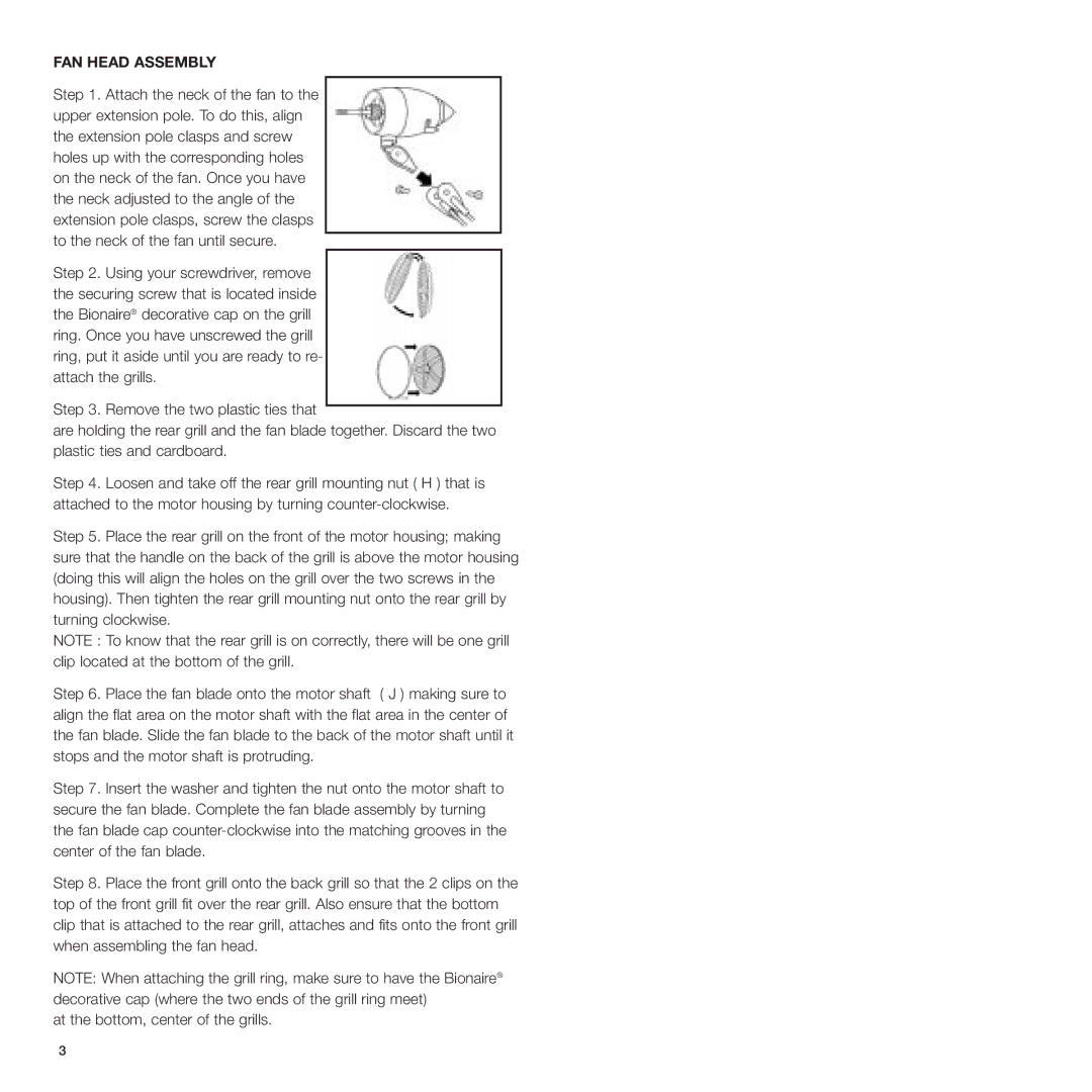 Bionaire BSF16 manual FAN Head Assembly 