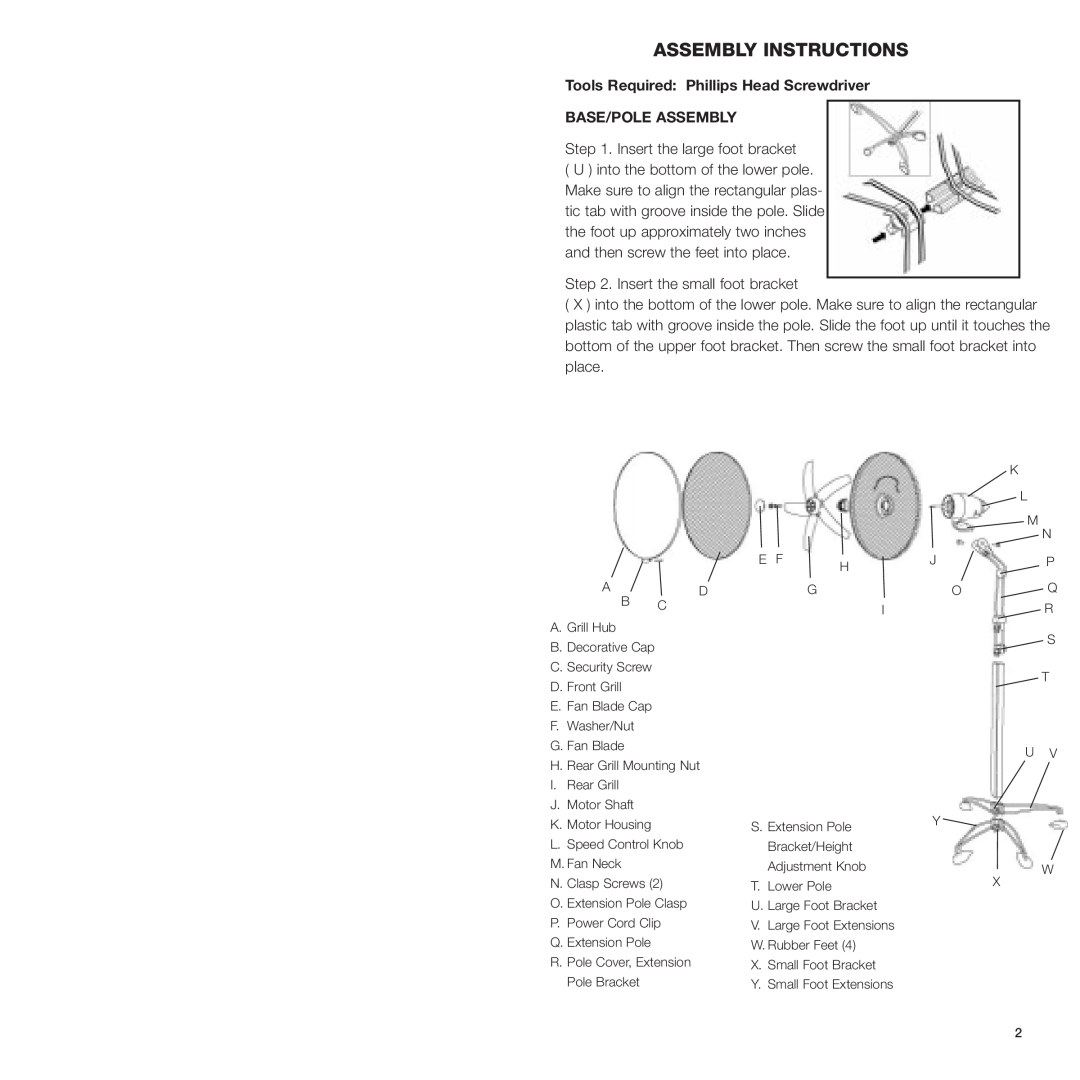 Bionaire BSF16 manual Assembly Instructions, Tools Required Phillips Head Screwdriver BASE/POLE ASSEMBLY 
