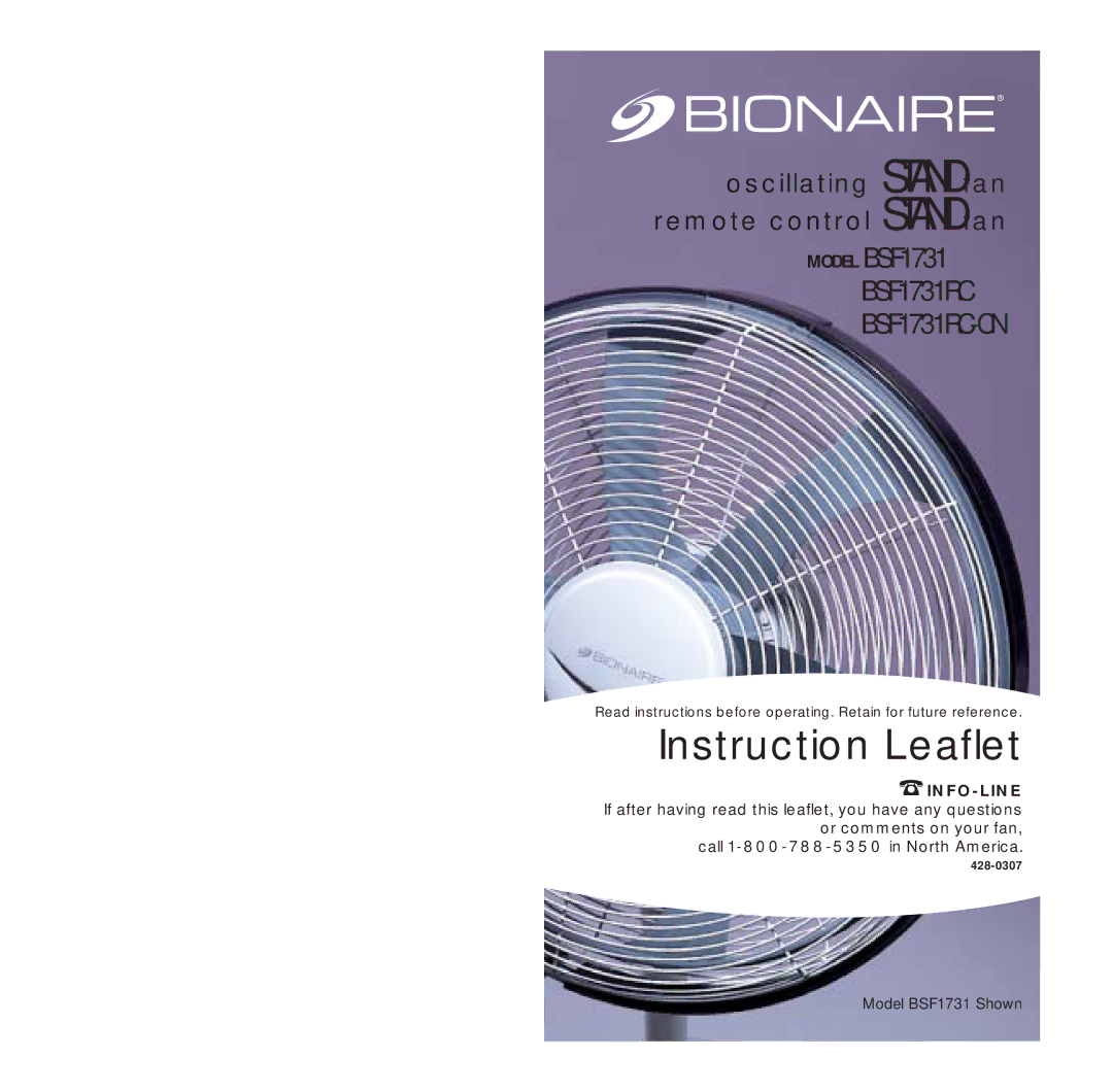 Bionaire BSF1731 manual Instruction Leaflet, Info-Line 