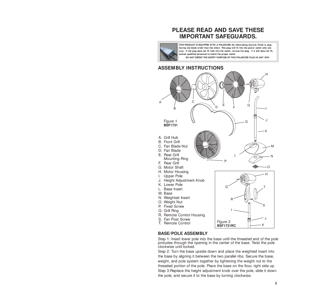 Bionaire BSF1731 manual Assembly Instructions, BASE/POLE Assembly 