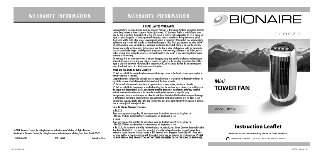 Bionaire BT014 warranty WA R R a N T Y I N F O R M AT I O N, Year Limited Warranty, How to Obtain Warranty Service 