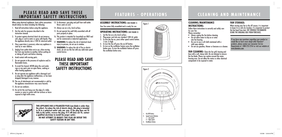 Bionaire BT014 warranty At U R E S O P E R At I O N S, Assembly Instructions sEE Figure, Operating Instructions sEE Figure 