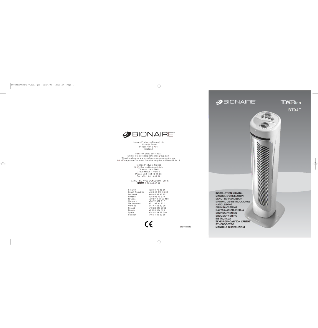 Bionaire BT04T instruction manual Tower fan, France Service Consommateurs 