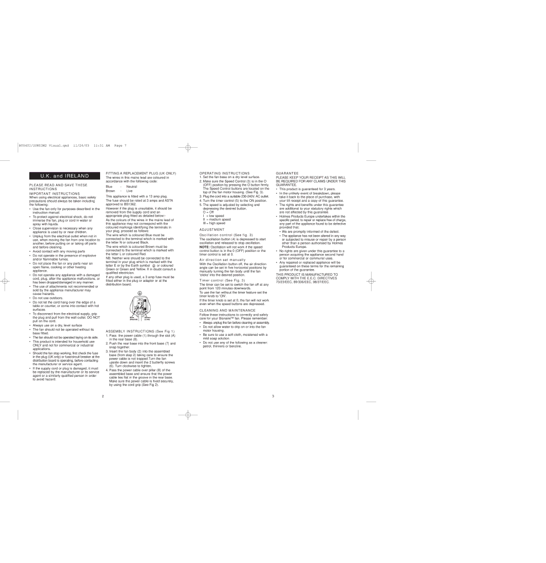 Bionaire BT04T Fitting a Replacement Plug UK only, Operating Instructions, Adjustment, Cleaning and Maintenance, Guarantee 