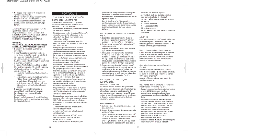 Bionaire BT05RC instruction manual Português, Instruções DE Utilização Importantes Controlo Remoto, Ajustes 