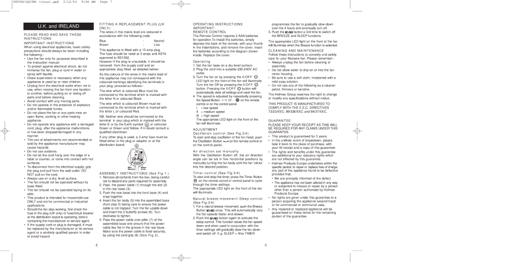Bionaire BT05RC Fitting a Replacement Plug UK only, Operating Instructions Remote Control, Adjustment, Guarantee 