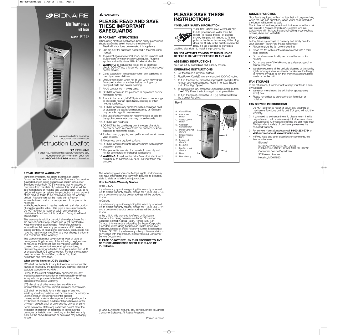 Bionaire BT17ZCN06EFM1 warranty Instruction Leaflet, Mini Tower Fan, Please Read And Save These Important Safeguards 
