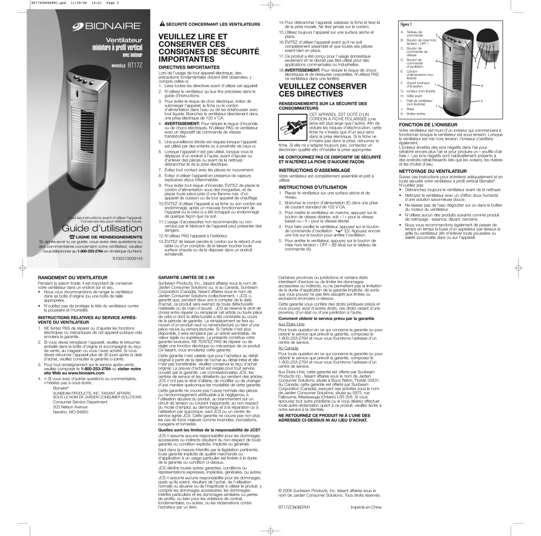 Bionaire BT17Z warranty Guide d’utilisation, miniature à profil vertical, Veuillez Conserver Ces Directives, avec ioniseur 