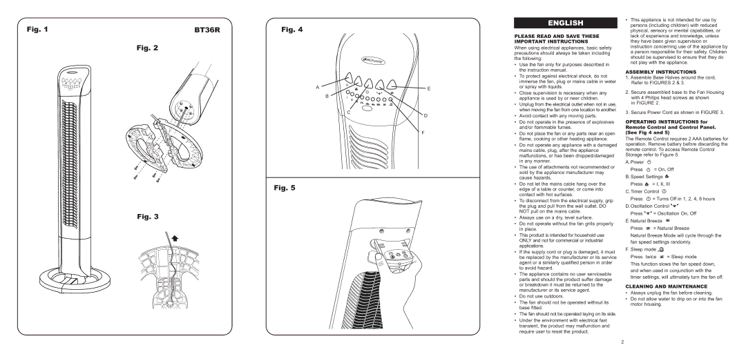 Bionaire BT36R, 125583 instruction manual English, Assembly Instructions, Cleaning and Maintenance 