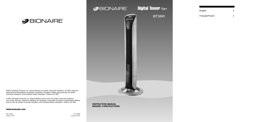 Bionaire 125583 instruction manual Digital Tower fan, BT36R, Instruction Manual Manuel D’Instructions, English 