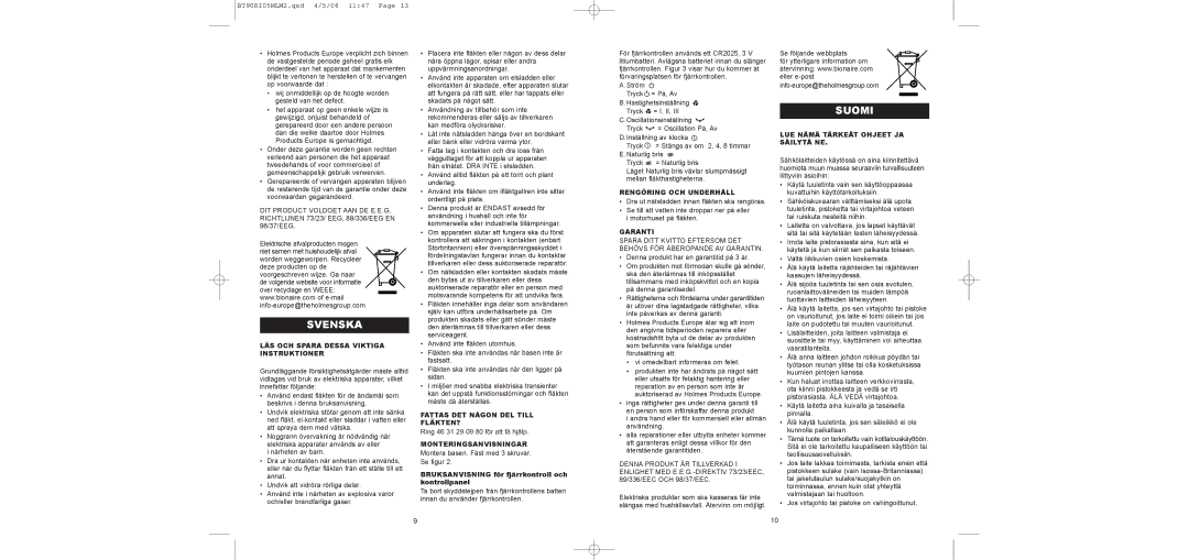 Bionaire BT90RI05MLM2 instruction manual Svenska, Suomi 