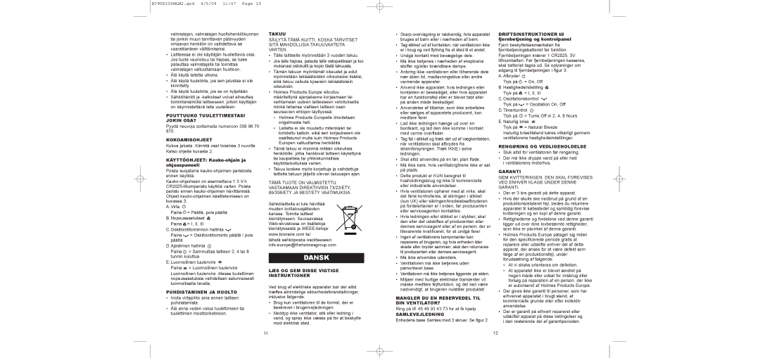 Bionaire BT90RI05MLM2 instruction manual Dansk 