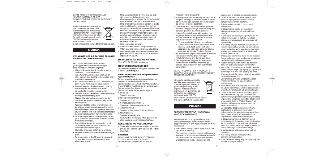 Bionaire BT90RI05MLM2 instruction manual Norsk, Polski 