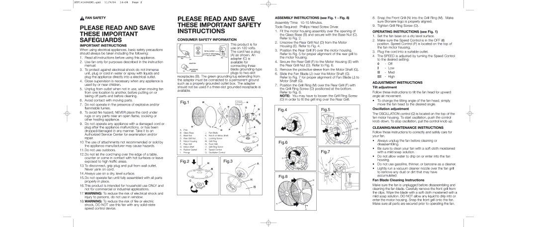 Bionaire BTF1616 warranty FAN Safety, Important Instructions, Consumer Safety Information, Adjustment Instructions 