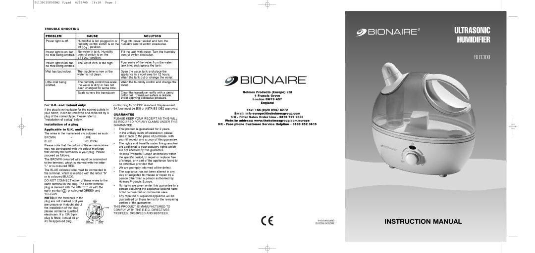 Bionaire BU1300 instruction manual Trouble Shooting Problem Cause Solution, Guarantee 