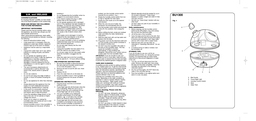 Bionaire BU1300 Congratulations, Important Safeguards, PRE-OPERATING Instructions, Operating Instructions, Storage Tips 