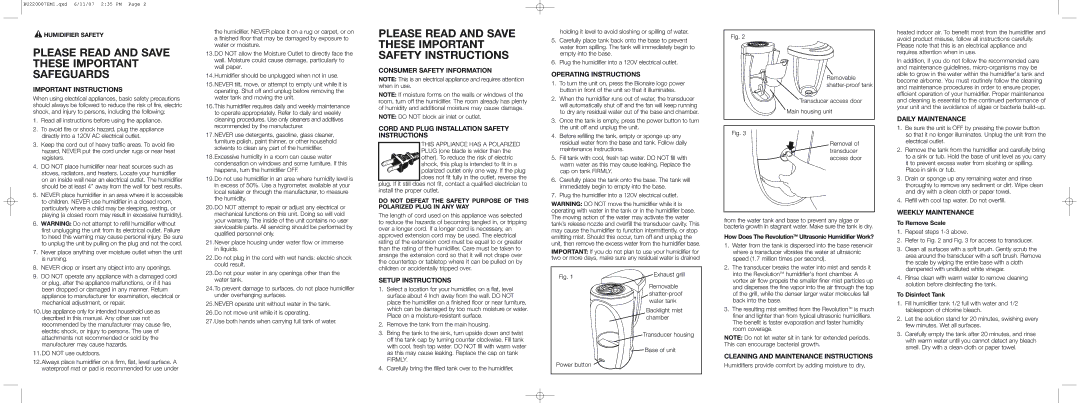 Bionaire BU2200 Important Instructions, Setup Instructions, Operating Instructions, Cleaning and Maintenance Instructions 