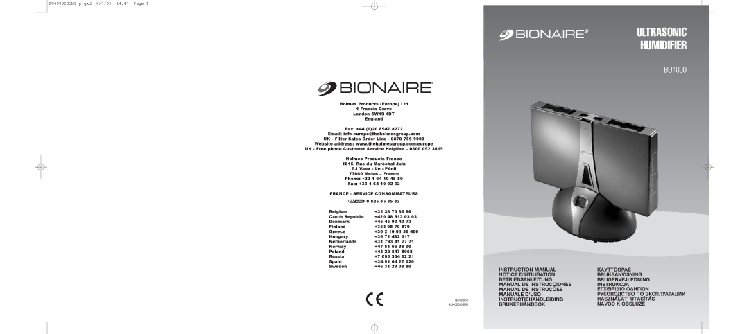 Bionaire BU4000 instruction manual Ultrasonic Humidifier, France Service Consommateurs 