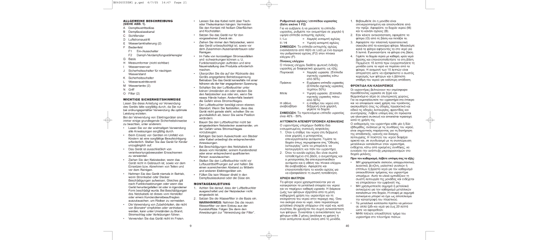 Bionaire BU4000 Allgemeine Beschreibung Siehe ABB, Wichtige Sicherheitshinweise, Montageanleitung, HiII LoI 