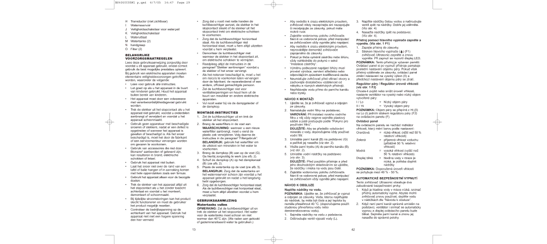 Bionaire BU4000 Belangrijke Voorzorgsmaatregelen, Montage-Instructies, Gebruiksaanwijzing, Návod K Montáži 