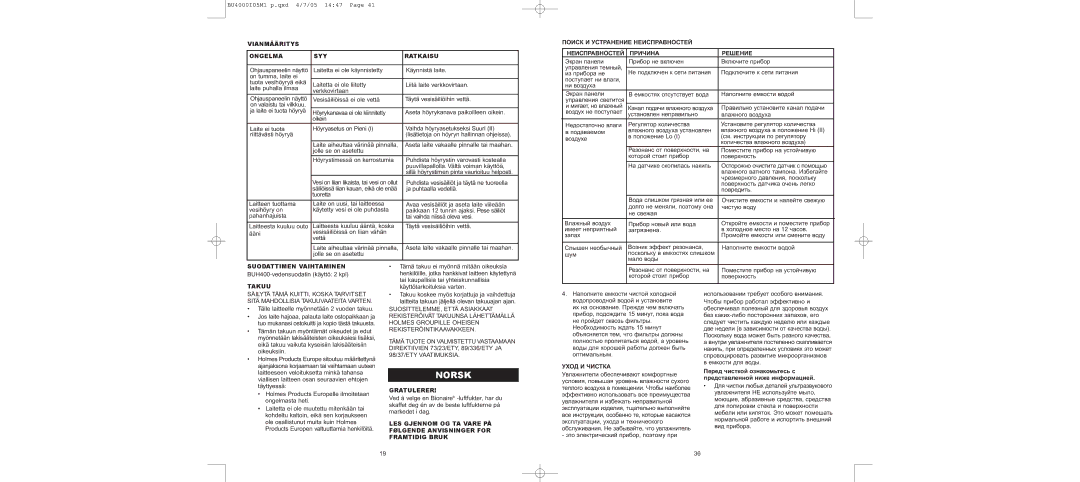 Bionaire BU4000 instruction manual Norsk 