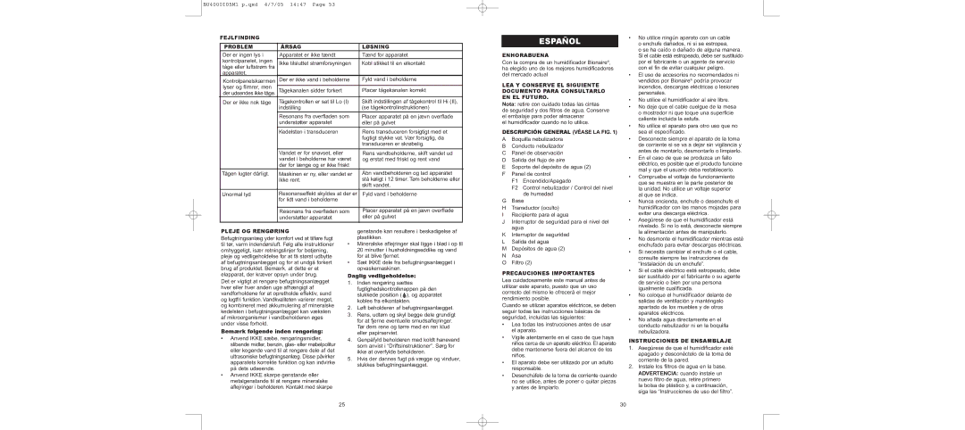 Bionaire BU4000 instruction manual Español 