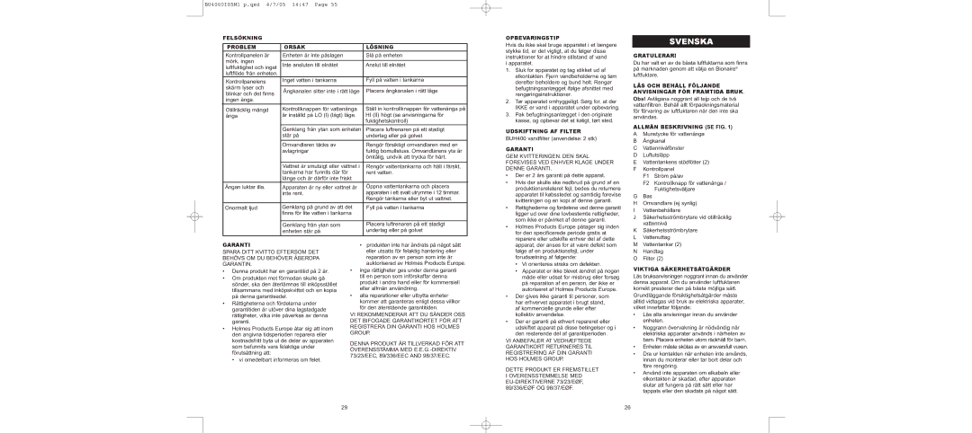 Bionaire BU4000 instruction manual Svenska 