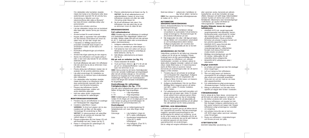 Bionaire BU4000 Monteringsanvisningar, Bruksanvisning, Automatisk Säkerhetsavstängning, Användning AV Filter 