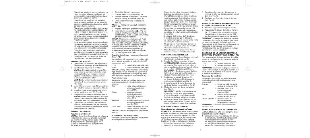 Bionaire BU4000 instruction manual Instrukcja Montażu, Instrukcja Obsługi, Automatyczne Wyłączanie, Consignes D’ASSEMBLAGE 