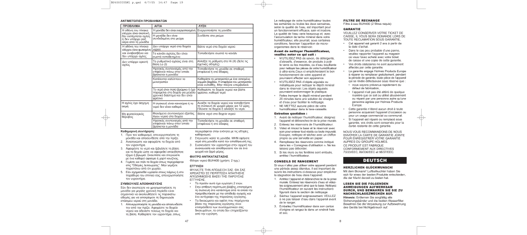 Bionaire BU4000 instruction manual Deutsch, Conseils DE Rangement, Filtre DE Rechange, Garantie, Herzlichen Glückwunsch 