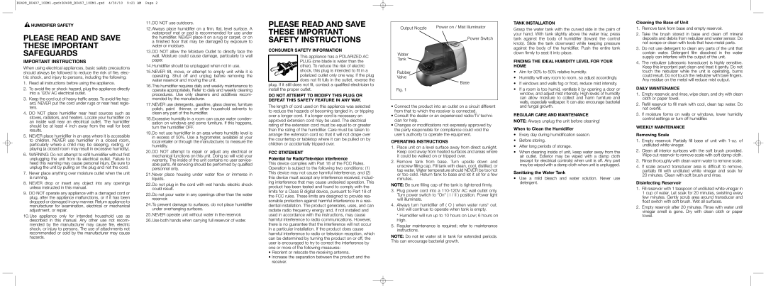 Bionaire BU498 Consumer Safety Information, FCC Statement, Operating Instructions, Tank Installation, Daily Maintenance 