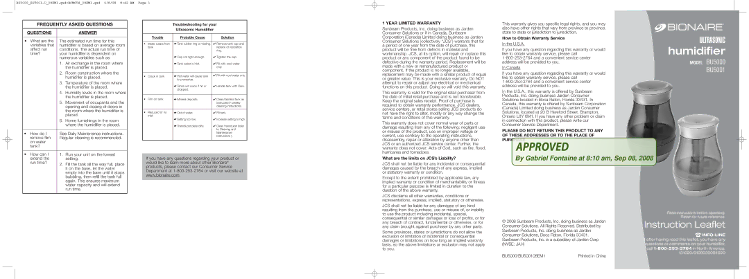 Bionaire BU5000, BU5001 warranty Questions Answer, Year Limited Warranty, What are the limits on JCS’s Liability? 