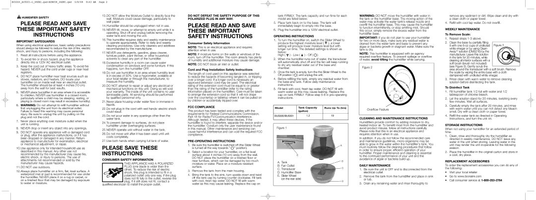 Bionaire BU5001, BU5000 Important Safeguards, Consumer Safety Information, FCC Compliance, PRE-OPERATING Instructions 