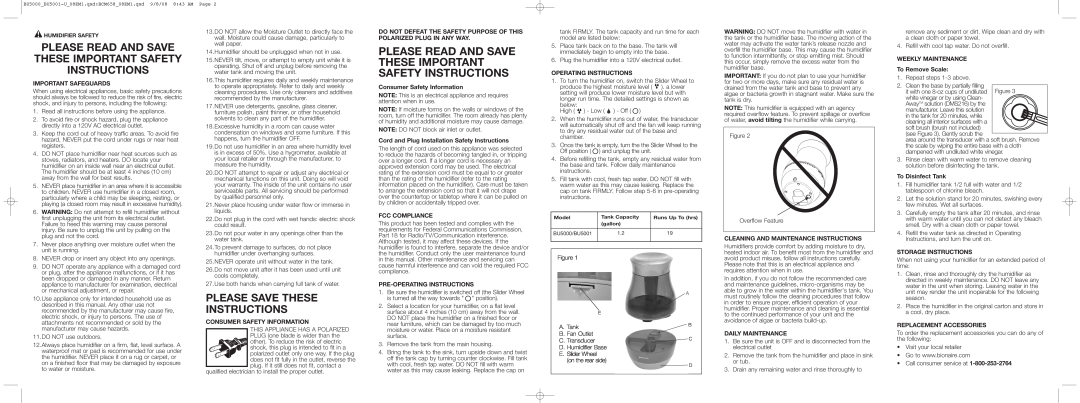 Bionaire BU5001, BU5000 warranty Please Read And Save These Important Safety Instructions, Please Save These Instructions 