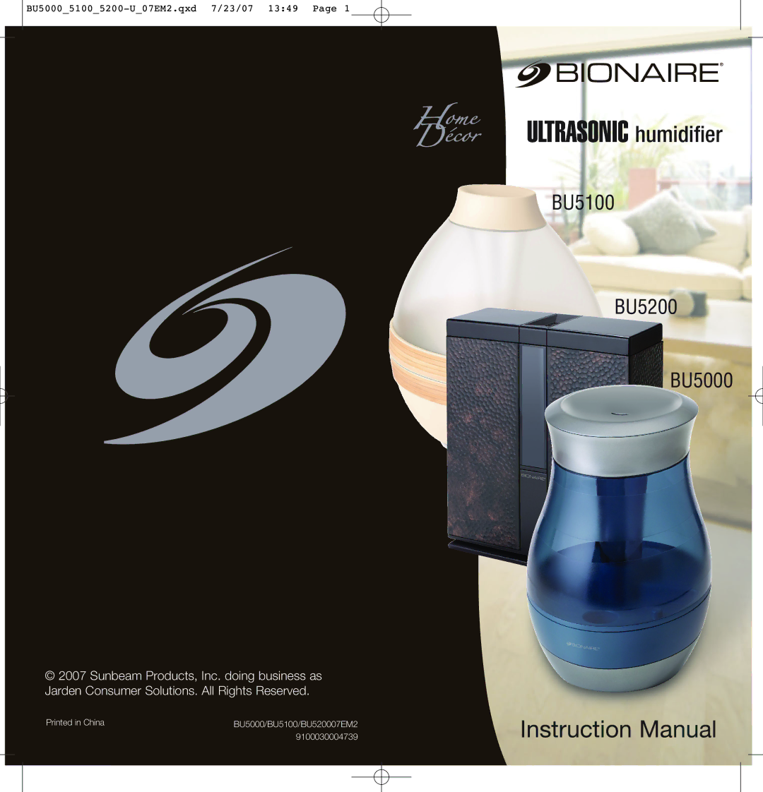 Bionaire BU5200, BU5100 instruction manual Ultrasonic humidifier 