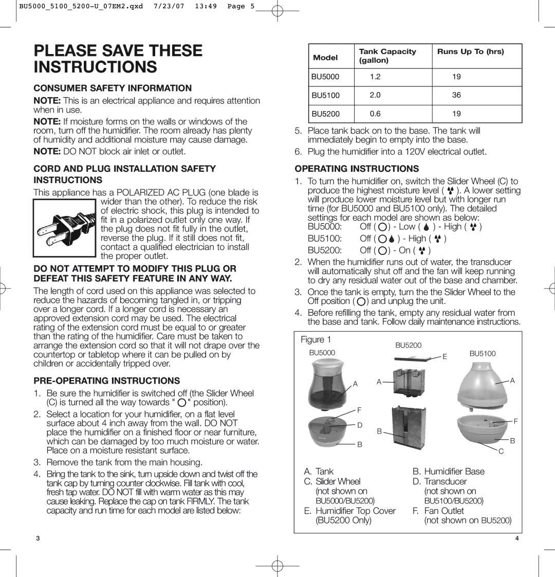 Bionaire BU5200 PRE-OPERATING Instructions, Plug the humidifier into a 120V electrical outlet, Operating Instructions 