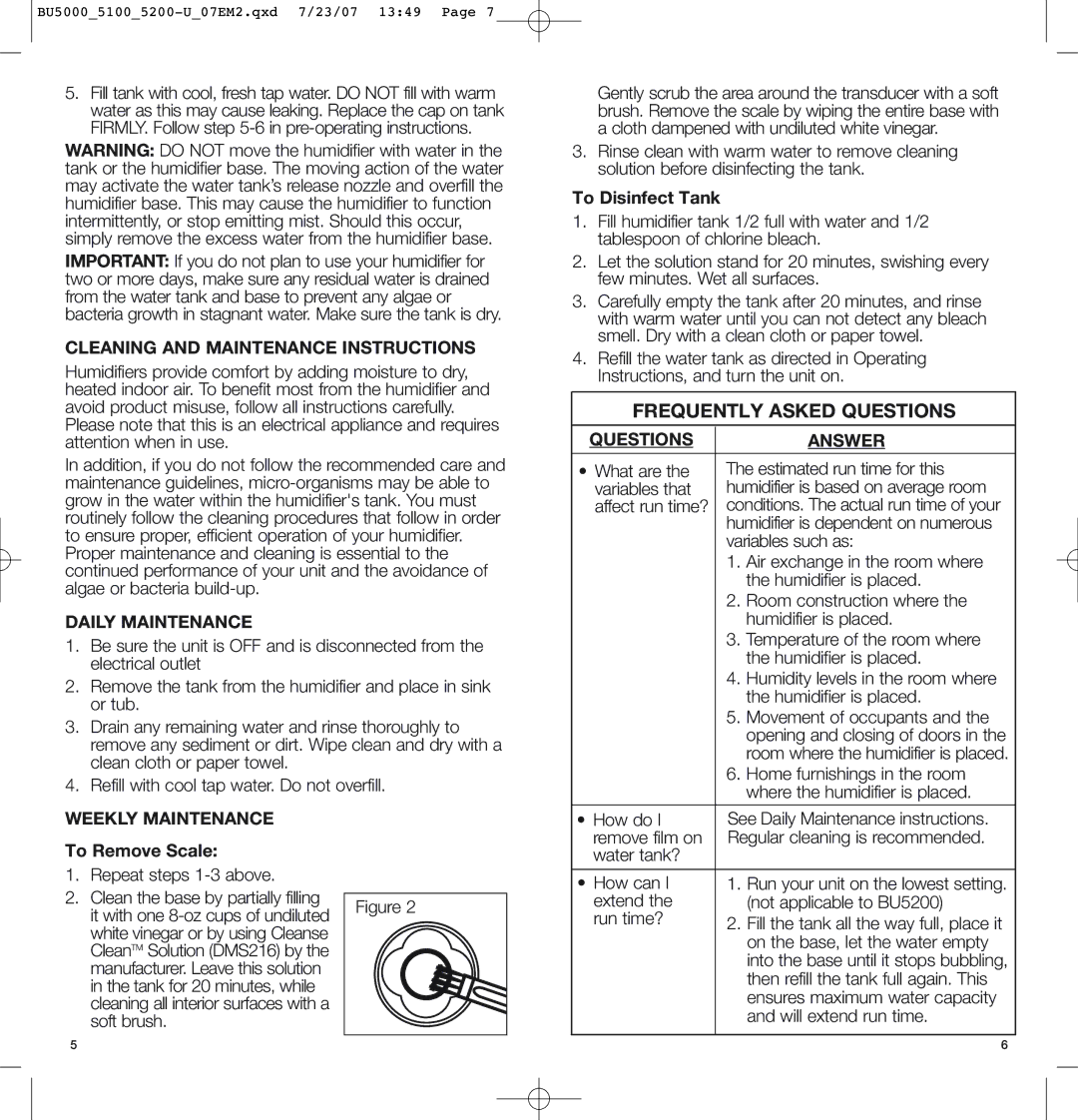 Bionaire BU5100, BU5200 Cleaning and Maintenance Instructions, Daily Maintenance, Weekly Maintenance, Questions Answer 