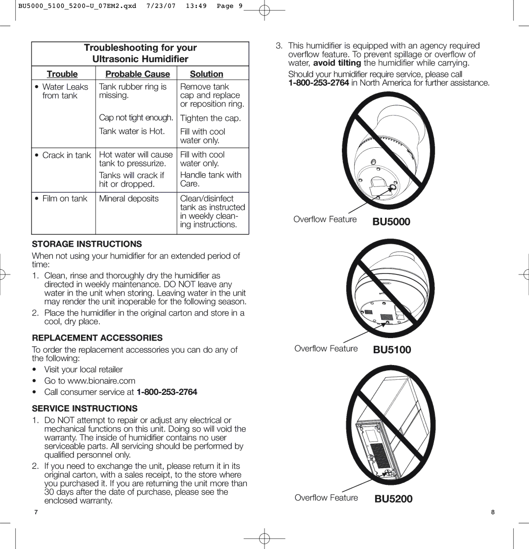 Bionaire BU5200, BU5100 Trouble Probable Cause Solution, Tighten the cap, Storage Instructions, Replacement Accessories 