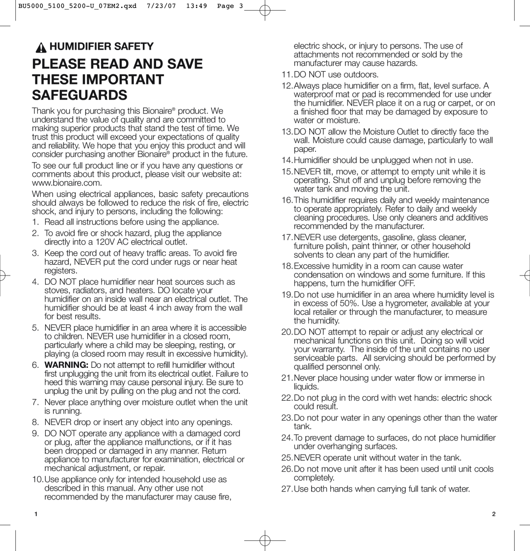 Bionaire BU5100, BU5200 instruction manual Please Read And Save These Important Safeguards, Humidifier Safety 