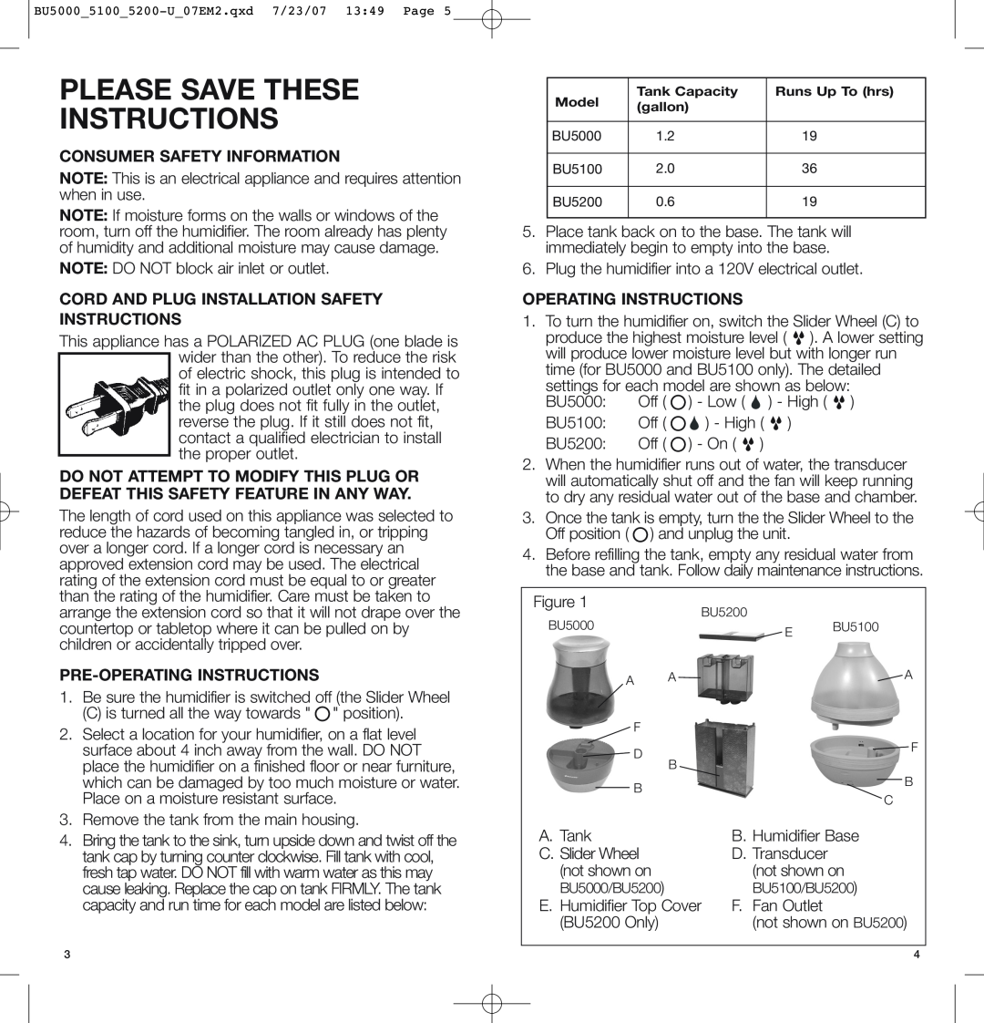 Bionaire BU5200 Consumer Safety Information, Cord And Plug Installation Safety Instructions, Pre-Operatinginstructions 