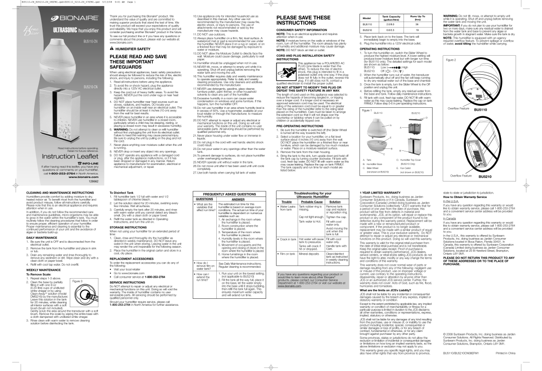 Bionaire warranty Instruction Leaflet, Please Read And Save These Important Safeguards, BU5110-CN BU5210-CN 